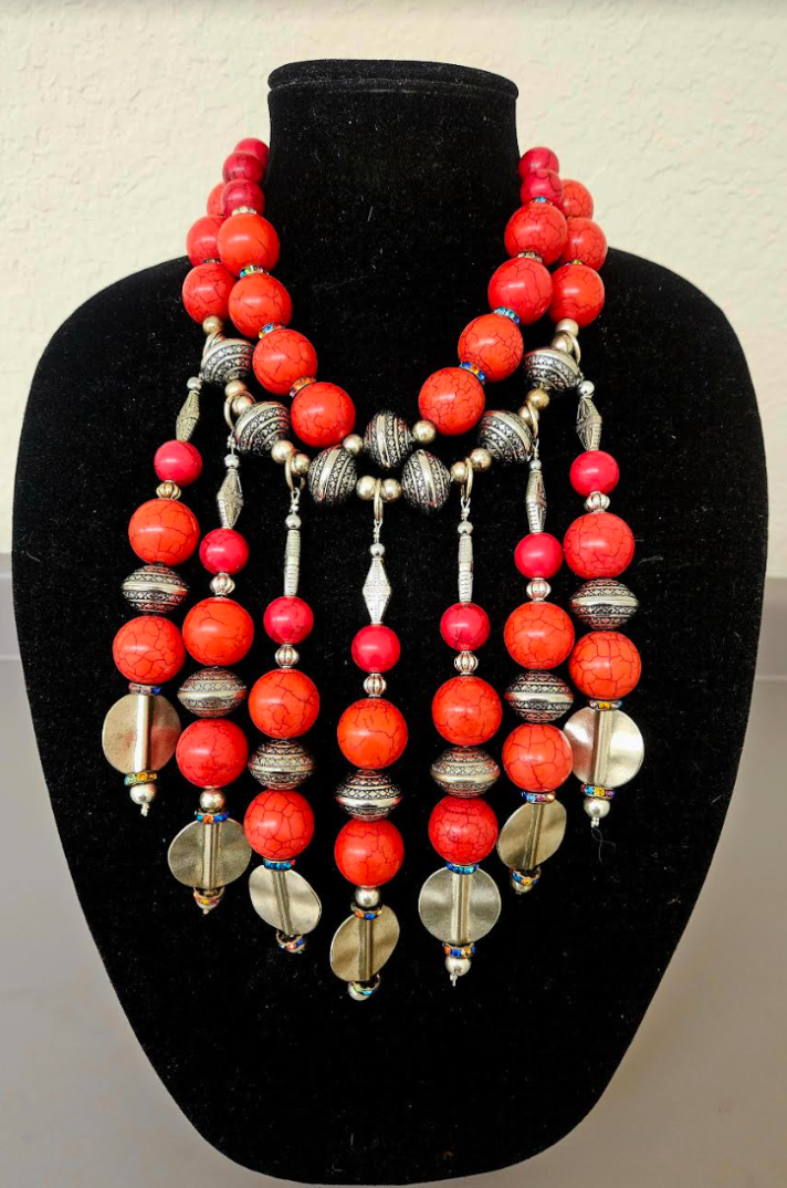 Red Magnesite Faux Crystal & Tribal Bicone Beaded Drop Pierced Earr