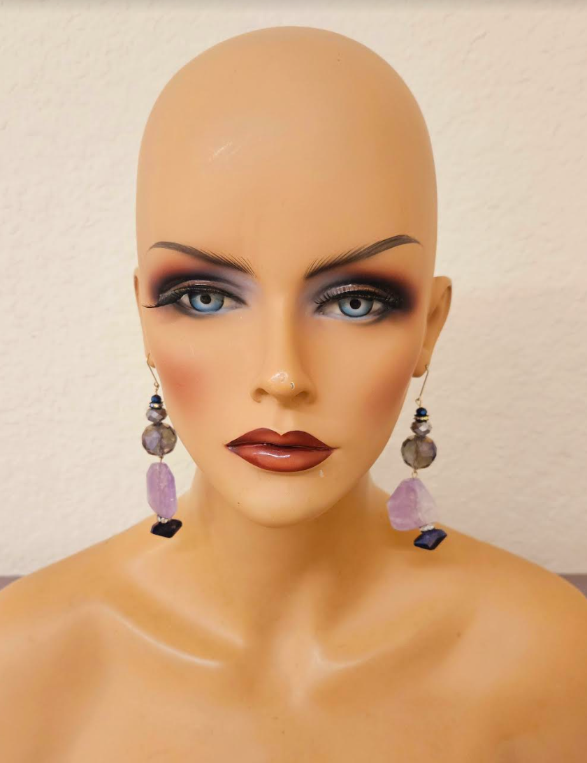 Purple Crystal and Faceted Amethyst Dangle Pierced Statement Earrings