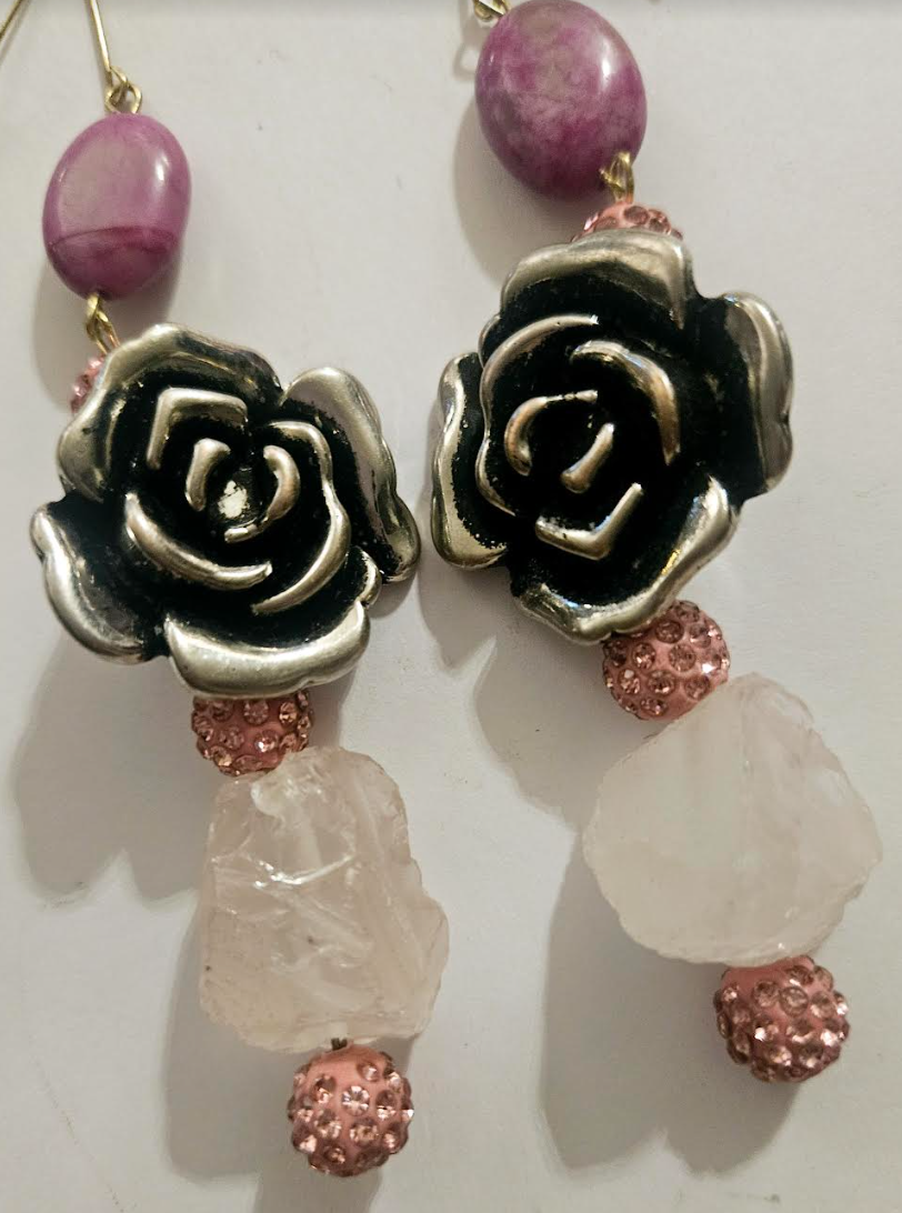 Rough Dusty Rose & Pink Pave Rhinestone Silver Tone Floral Statement E