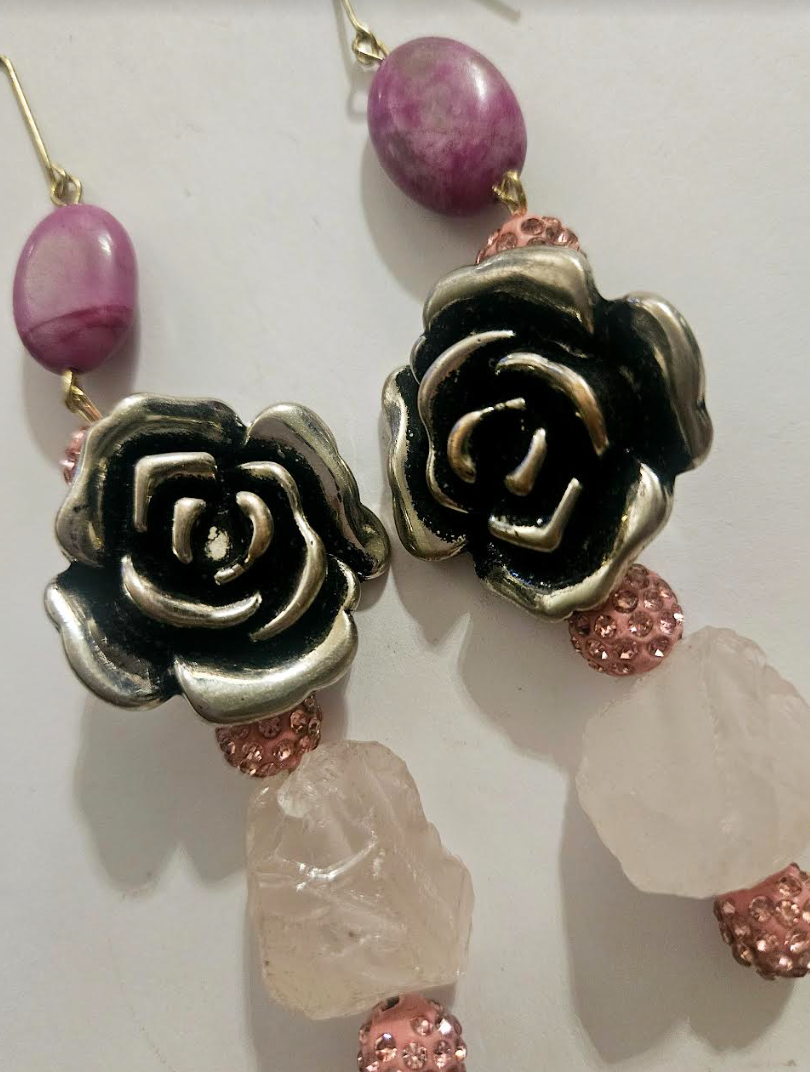 Rough Dusty Rose & Pink Pave Rhinestone Silver Tone Floral Statement E