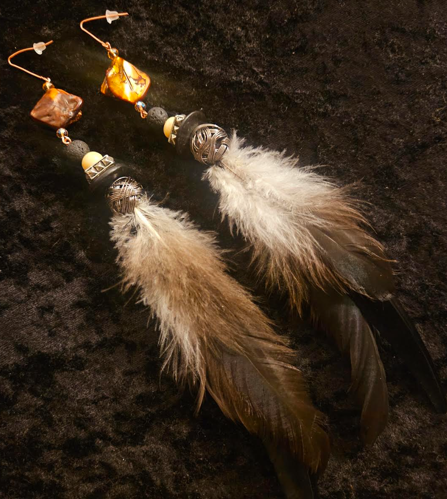 Earth Tone Feather Shoulder Duster Pierced Statement Earrings Mixed