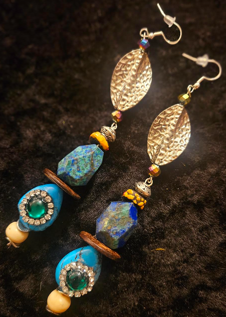 Blue Green & Silver Mixed Media Long Beaded Pierced Statement Earrings