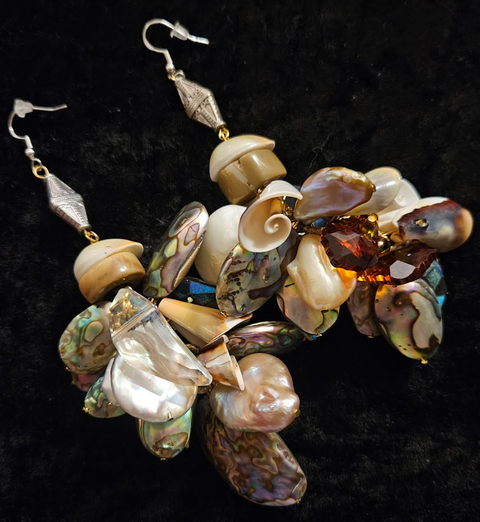 Haute Couture Shell Pearl & Crystal Drop Pierced Statement Earrings