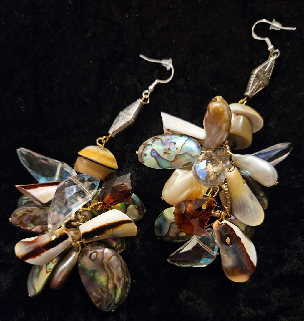 Haute Couture Shell Pearl & Crystal Drop Pierced Statement Earrings