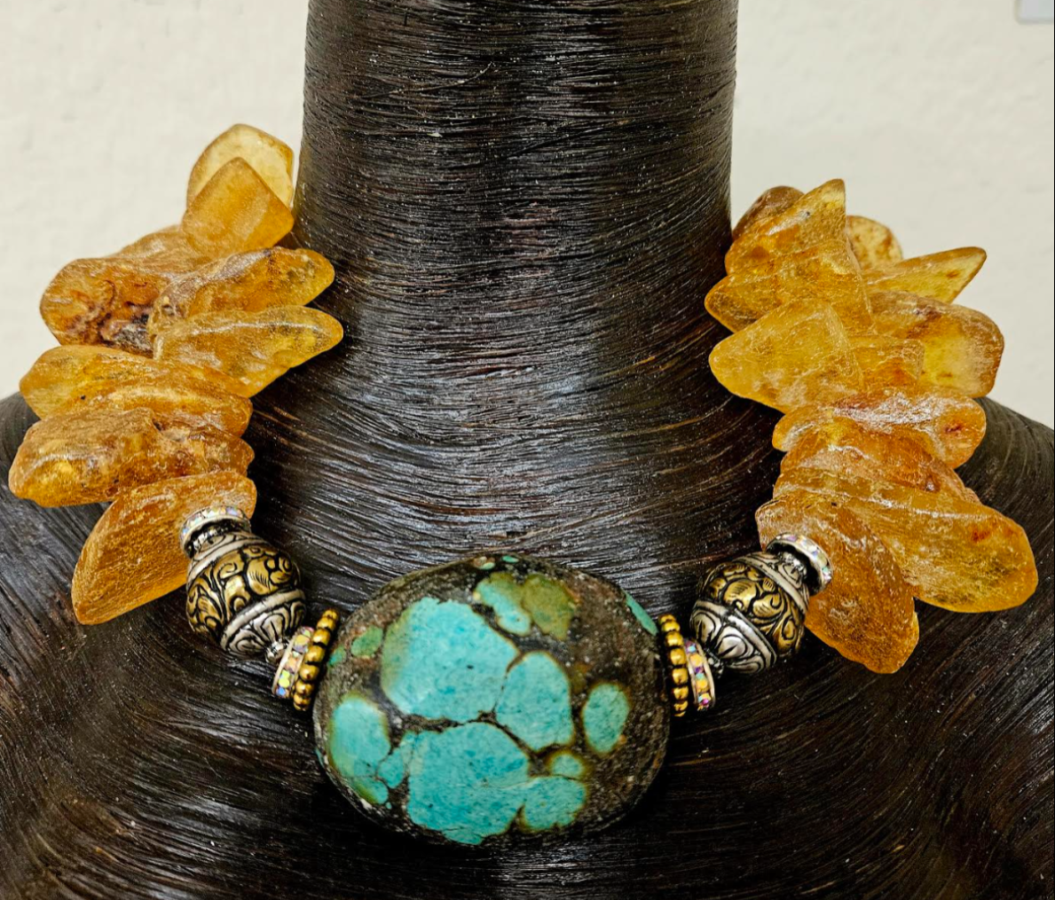 Mexican Amber & Turquoise Luxury Couture Bracelet - High End Diva