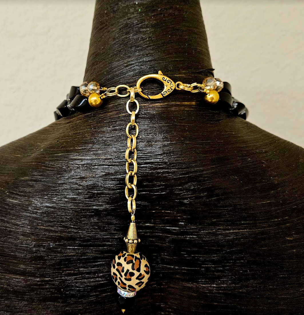Onyx Leopard & Tibetan Brass Repousse Beaded Dangle Chest Piece - Luxe