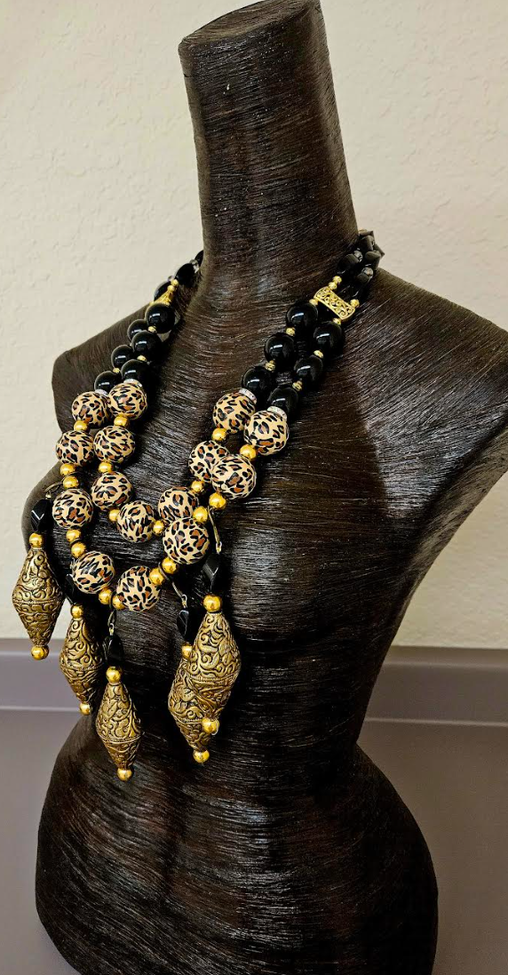 Black Onyx Leopard & Tibetan Brass Repousse Beaded Chest Piece