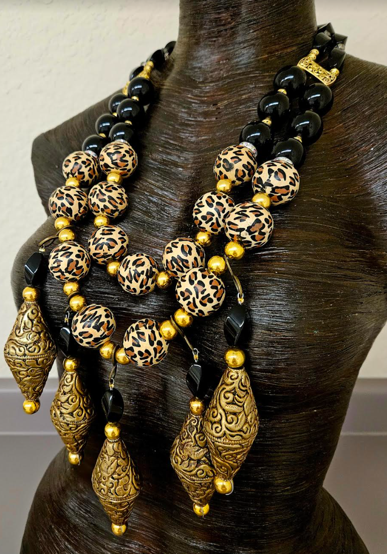 Black Onyx Leopard & Tibetan Brass Repousse Beaded Chest Piece