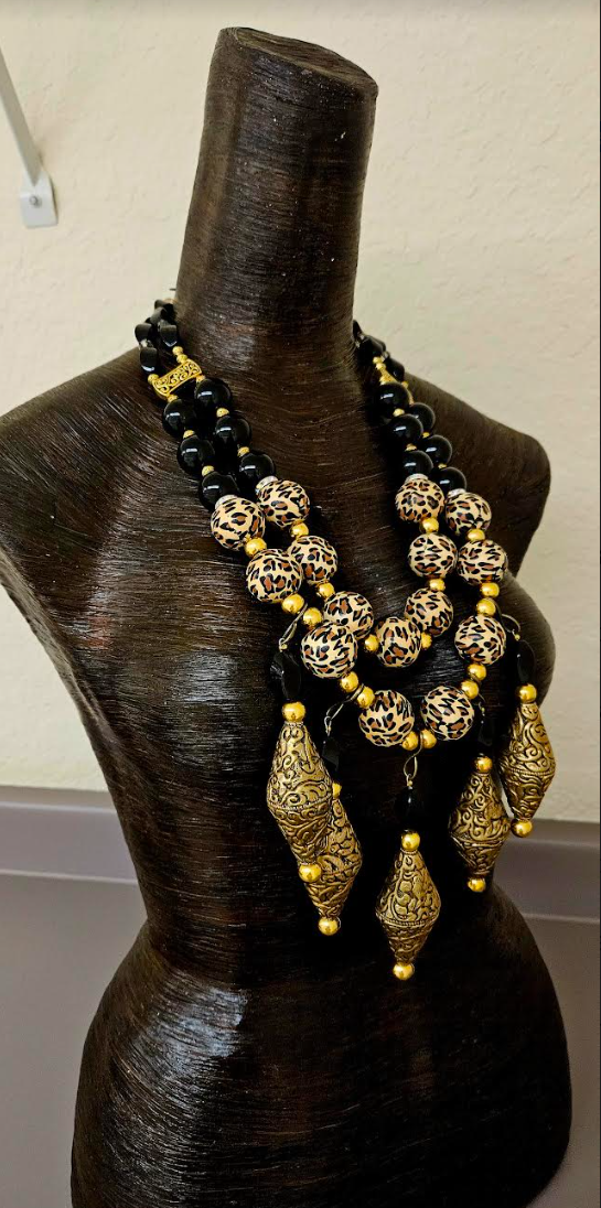 Black Onyx Leopard & Tibetan Brass Repousse Beaded Chest Piece