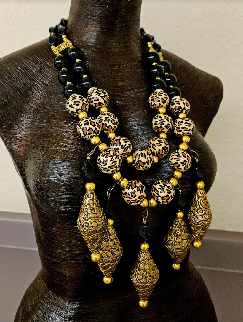 Black Onyx Leopard & Tibetan Brass Repousse Beaded Chest Piece