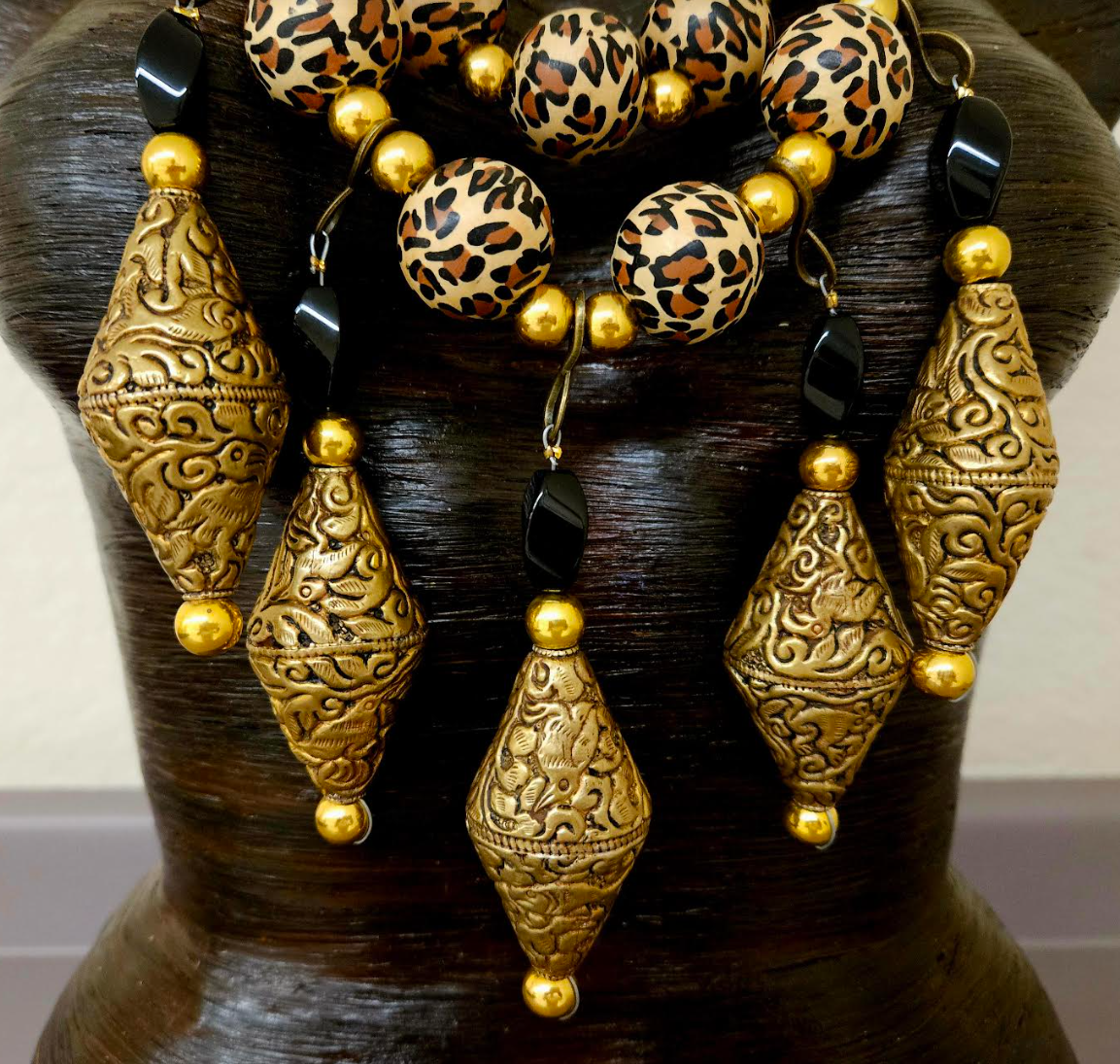Black Onyx Leopard & Tibetan Brass Repousse Beaded Chest Piece