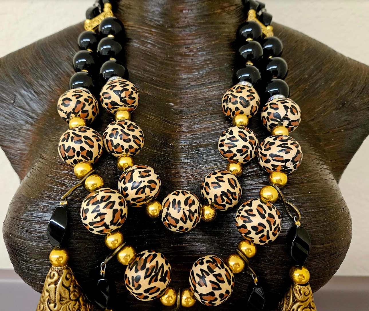 Black Onyx Leopard & Tibetan Brass Repousse Beaded Chest Piece