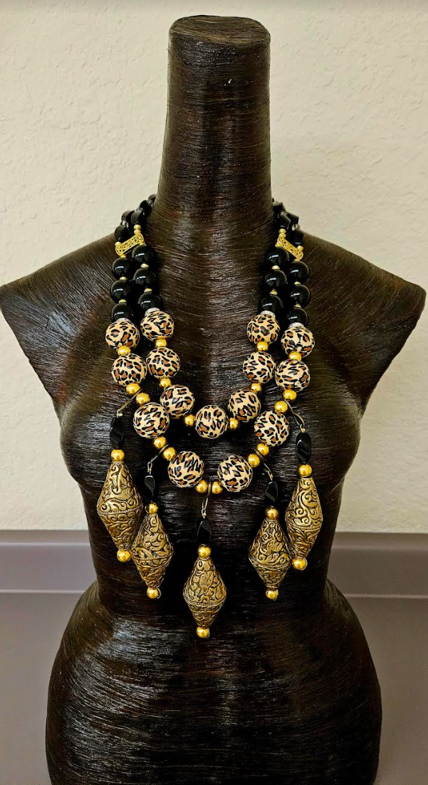 Black Onyx Leopard & Tibetan Brass Repousse Beaded Chest Piece