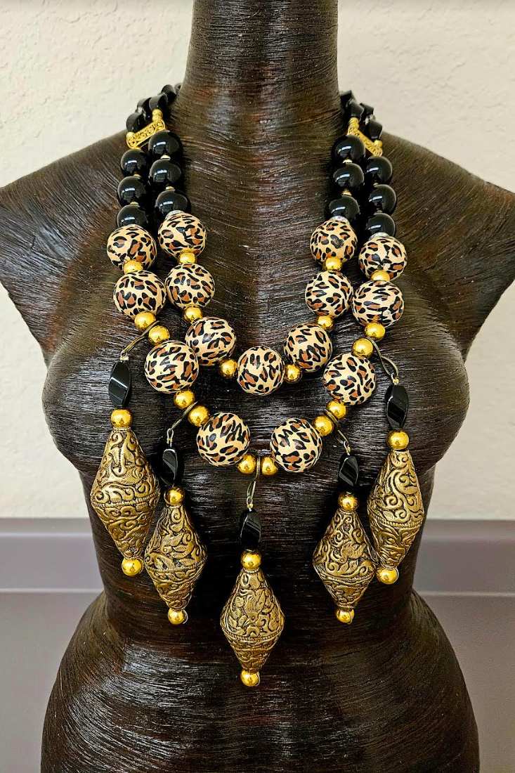 Black Onyx Leopard & Tibetan Brass Repousse Beaded Chest Piece