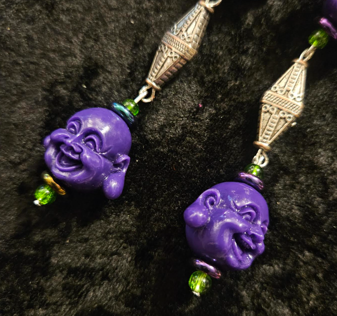 Purple Buddha Shoulder Duster Statement Earrings Tibetan God Whimsic