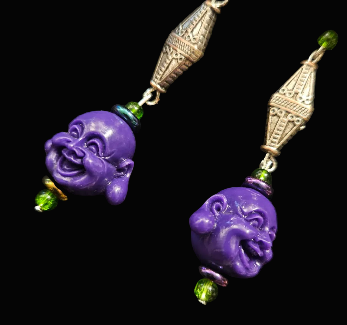 Purple Buddha Shoulder Duster Statement Earrings - Tibetan God Whimsy