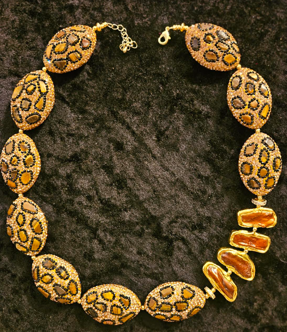 Leopard Pave Rhinestone & Copper Biwa Pearl Luxury Necklace - Business