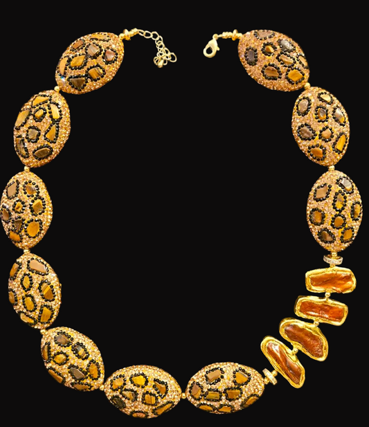 Leopard Pave Rhinestone & Freshwater Pearl Necklace - Autumn Bling