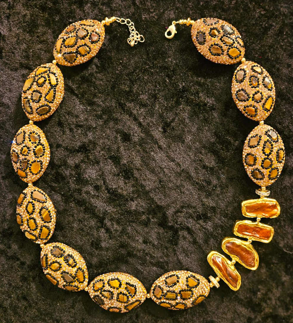 Leopard Pave Rhinestone & Copper Biwa Pearl Luxury Necklace - Business