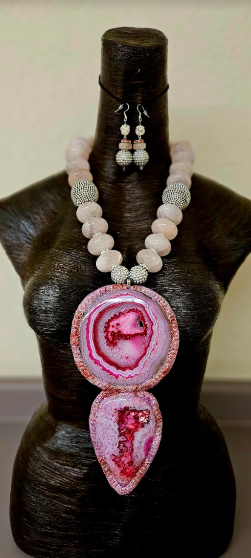 Hot Pink Agate Totem Chest Piece & Pierced Earring Set