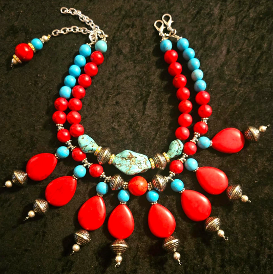 Red Teardrop Dangle Southwestern Style Luxury Necklace Set Red Blue