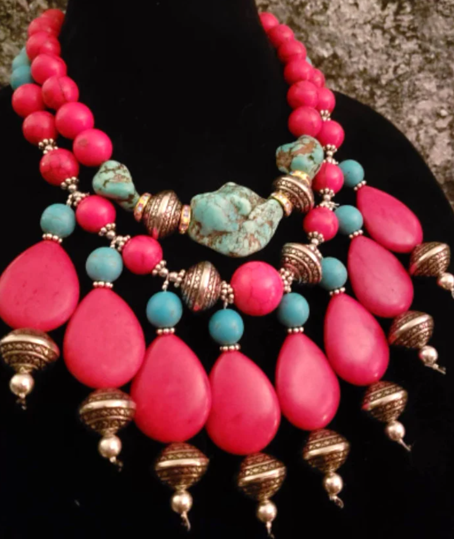 Red Teardrop Dangle Southwestern Style Luxury Necklace Set Red Blue