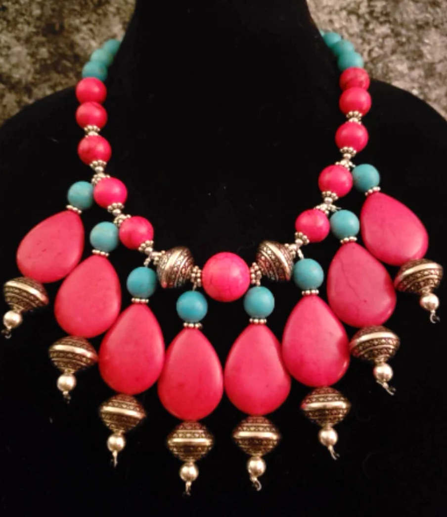 Red Teardrop Dangle Southwestern Style Luxury Necklace Set Red Blue