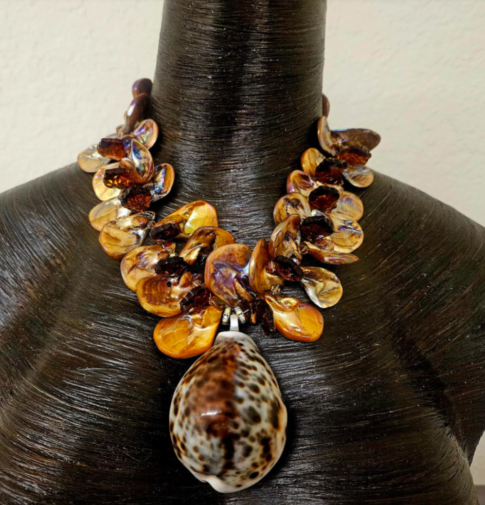 Bronze Abalone & Faux Pearl Hoop Pierced Statement Earrings Ear Cand