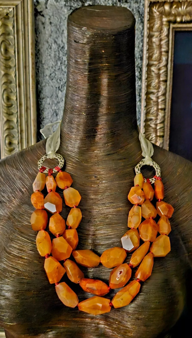 Faceted Carnelian Multi Strand Statement Bib Luxury Necklace Orange