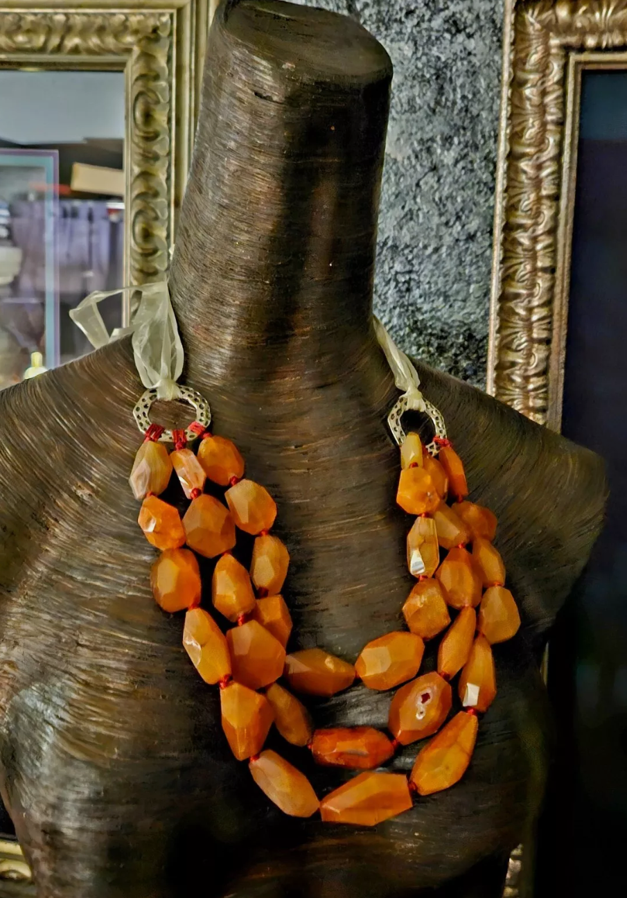 Faceted Carnelian Multi Strand Statement Bib Luxury Necklace Orange