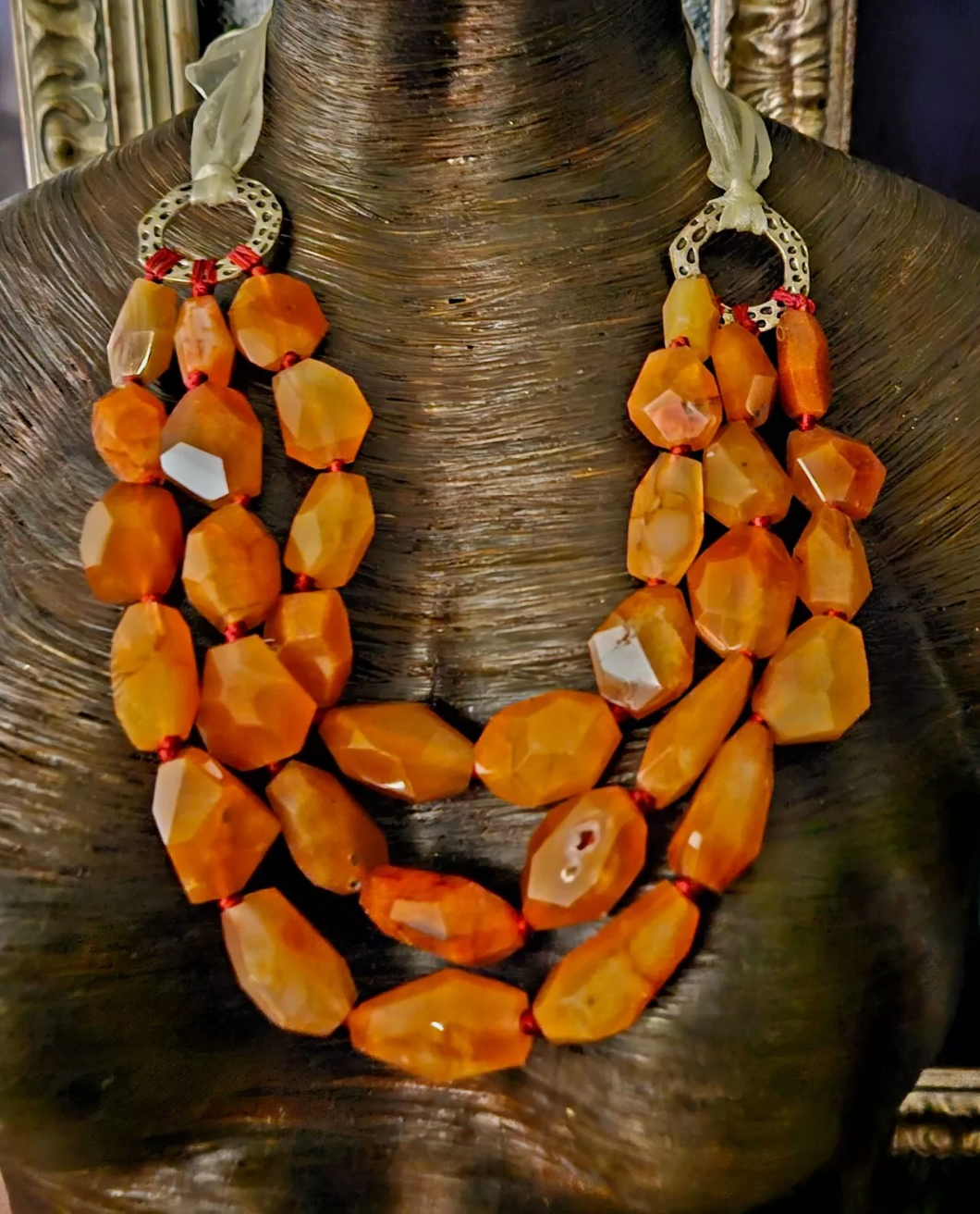 Faceted Carnelian Multi Strand Statement Bib Luxury Necklace Orange
