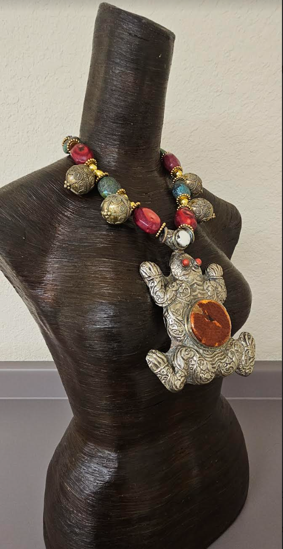 Huge Tibetan Repousse Frog Statement Gemstone Pendant - Iris Apfel