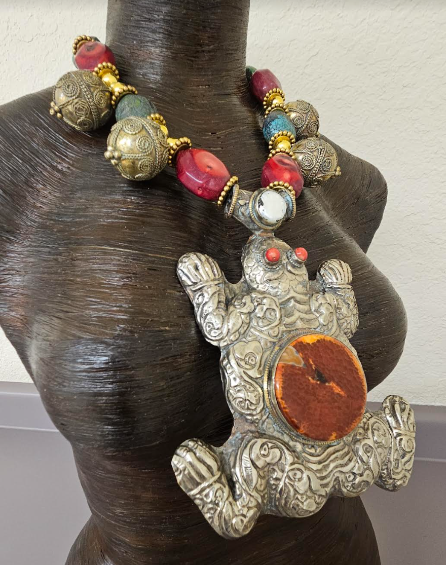 Huge Tibetan Repousse Frog Statement Gemstone Pendant - Iris Apfel