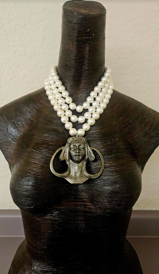 Art Nouveau Goddess Metal Pendant & Multi Strand Faux Pearl Luxe Necklace