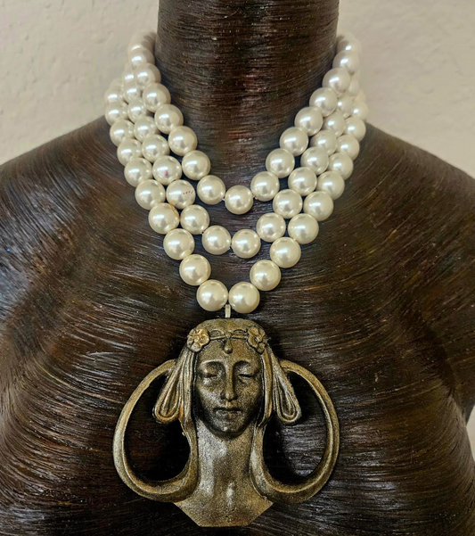 Art Nouveau Goddess Metal Pendant & Multi Strand Faux Pearl Luxe Necklace