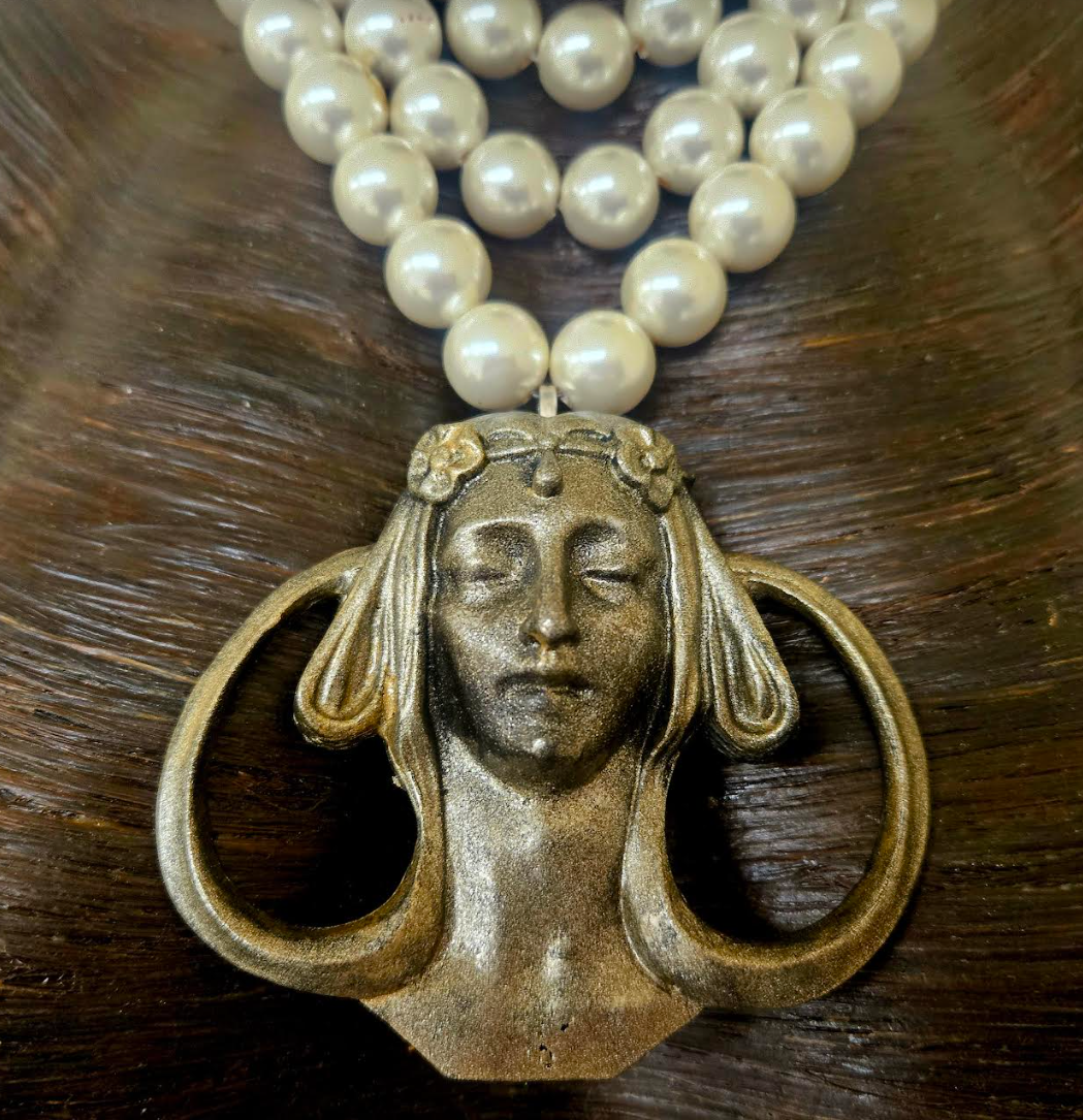 Art Nouveau Goddess Metal Pendant & Multi Strand Faux Pearl Luxe Necklace