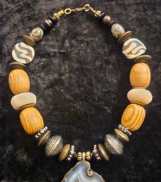 Earth Tone Druzy Agate Jasper & Rhinestone Geode Gemstone Pendant Mi