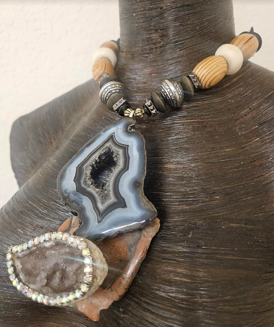 Earth Tone Druzy Agate Jasper & Rhinestone Geode Gemstone Pendant Mi