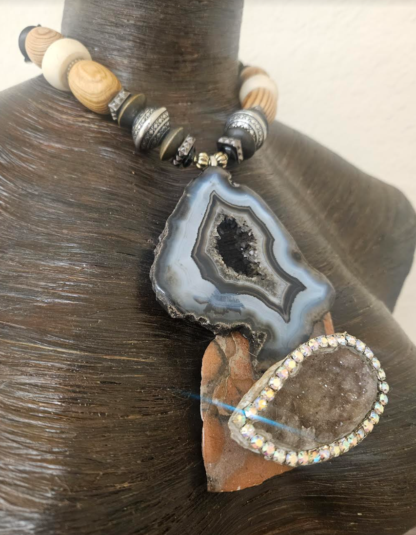 Earth Tone Druzy Agate Jasper & Rhinestone Geode Gemstone Pendant Mi