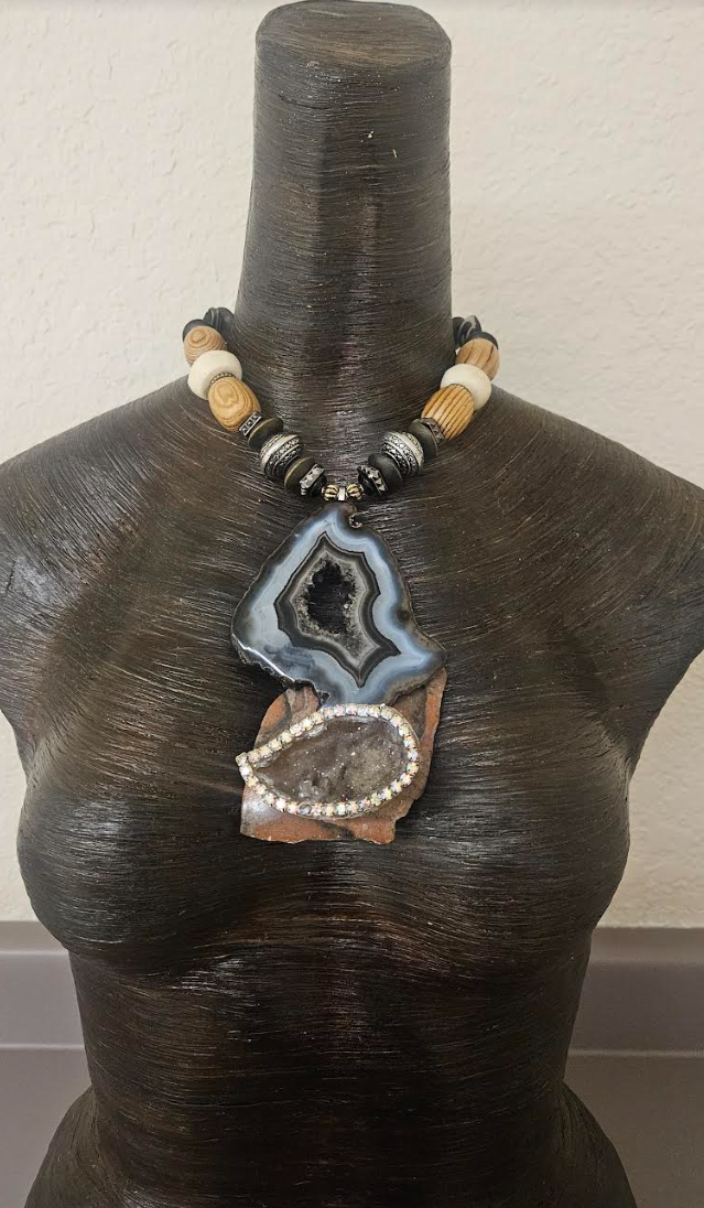 Earth Tone Druzy Agate Jasper & Rhinestone Geode Gemstone Pendant Mi
