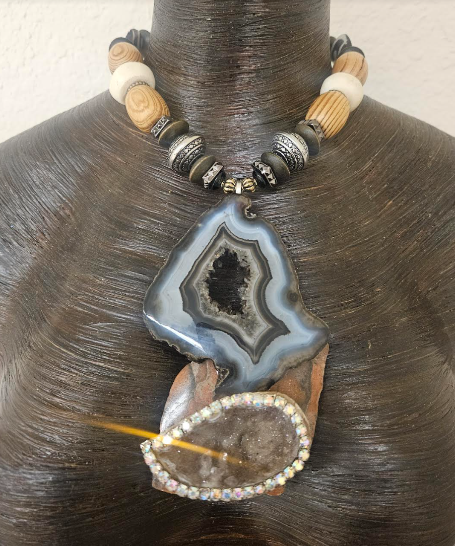 Earth Tone Druzy Agate Jasper & Rhinestone Geode Gemstone Pendant Mi