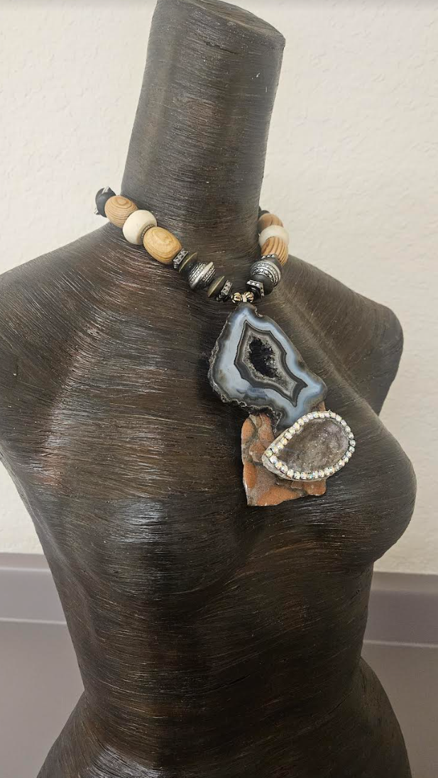 Earth Tone Druzy Agate Jasper & Rhinestone Geode Gemstone Pendant Mi