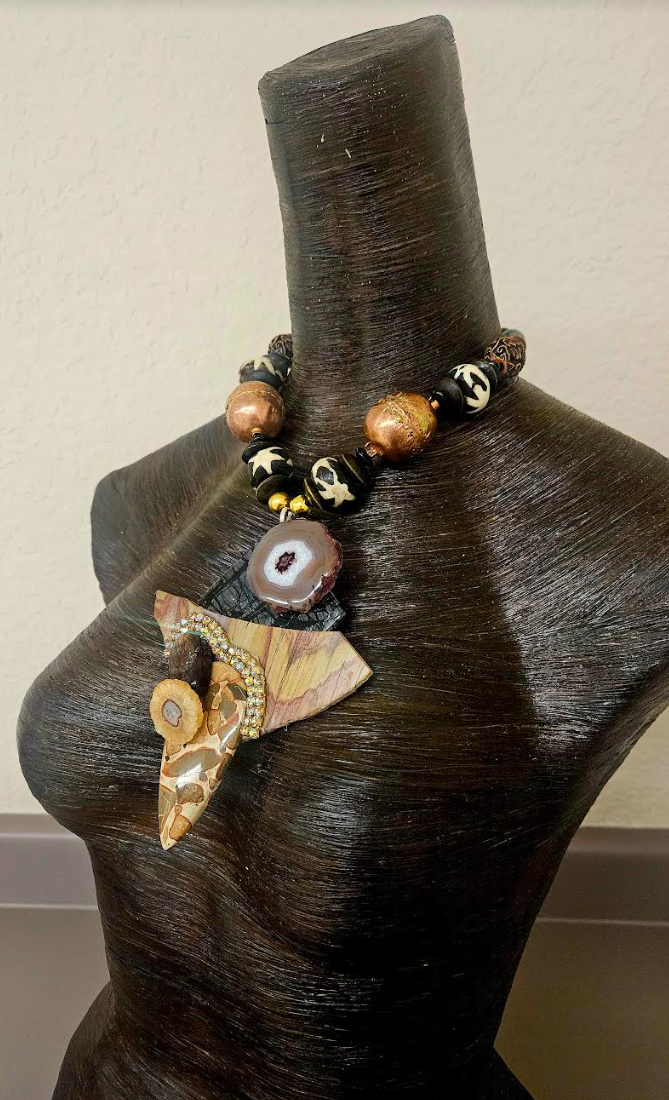 African Inspired Earth Tone Beaded Luxury Necklace with Mixed Gemstone