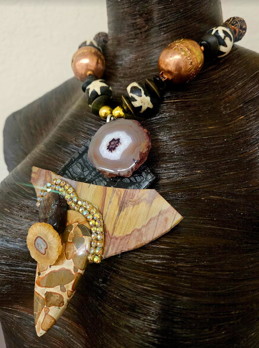 African Inspired Earth Tone Beaded Luxury Necklace with Mixed Gemstone