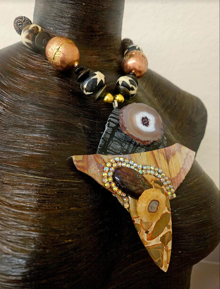 African Inspired Earth Tone Beaded Luxury Necklace with Mixed Gemstone
