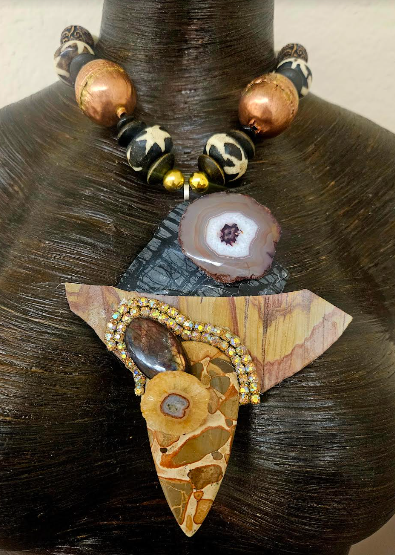 African Inspired Earth Tone Beaded Luxury Necklace with Mixed Gemstone