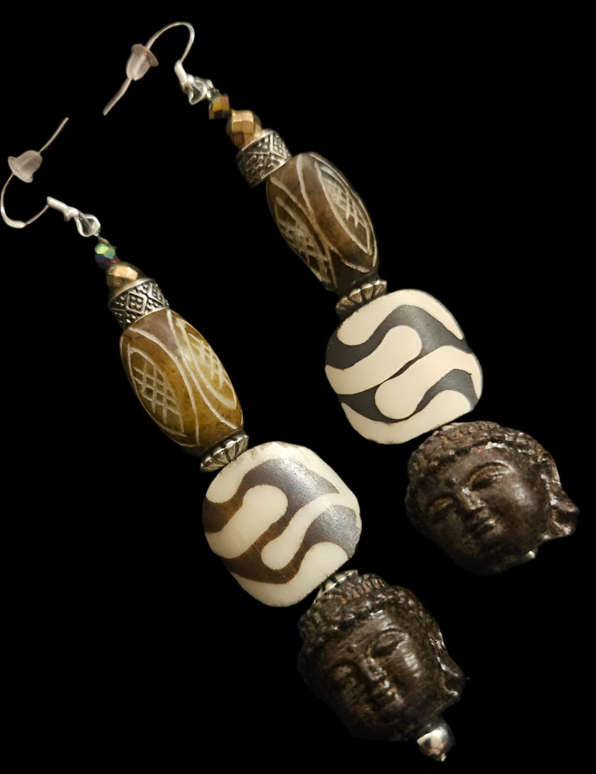Brown and Cream Tribal Beaded Buddha Shoulder Dusters African Tib