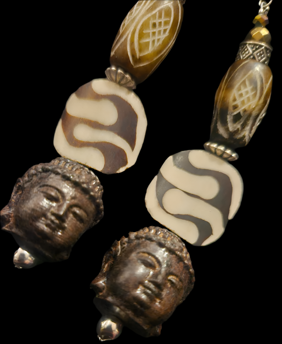 Brown and Cream Tribal Beaded Buddha Shoulder Dusters African Tib