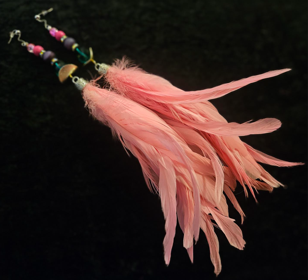 Pink Feather & Bead Duster Pierced Statement Earrings - Feminine