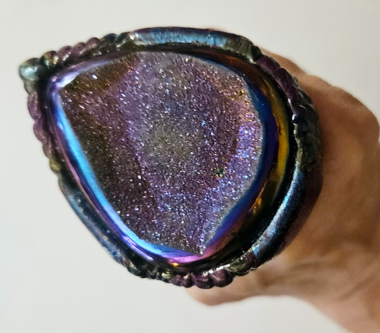 Heavily Crystallized Titanium Quartz Sculpted Statement Ring Flas